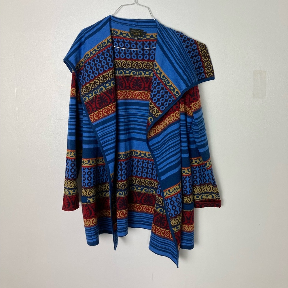 Blue Patterned Open-Front Women's Sweater Cardigan